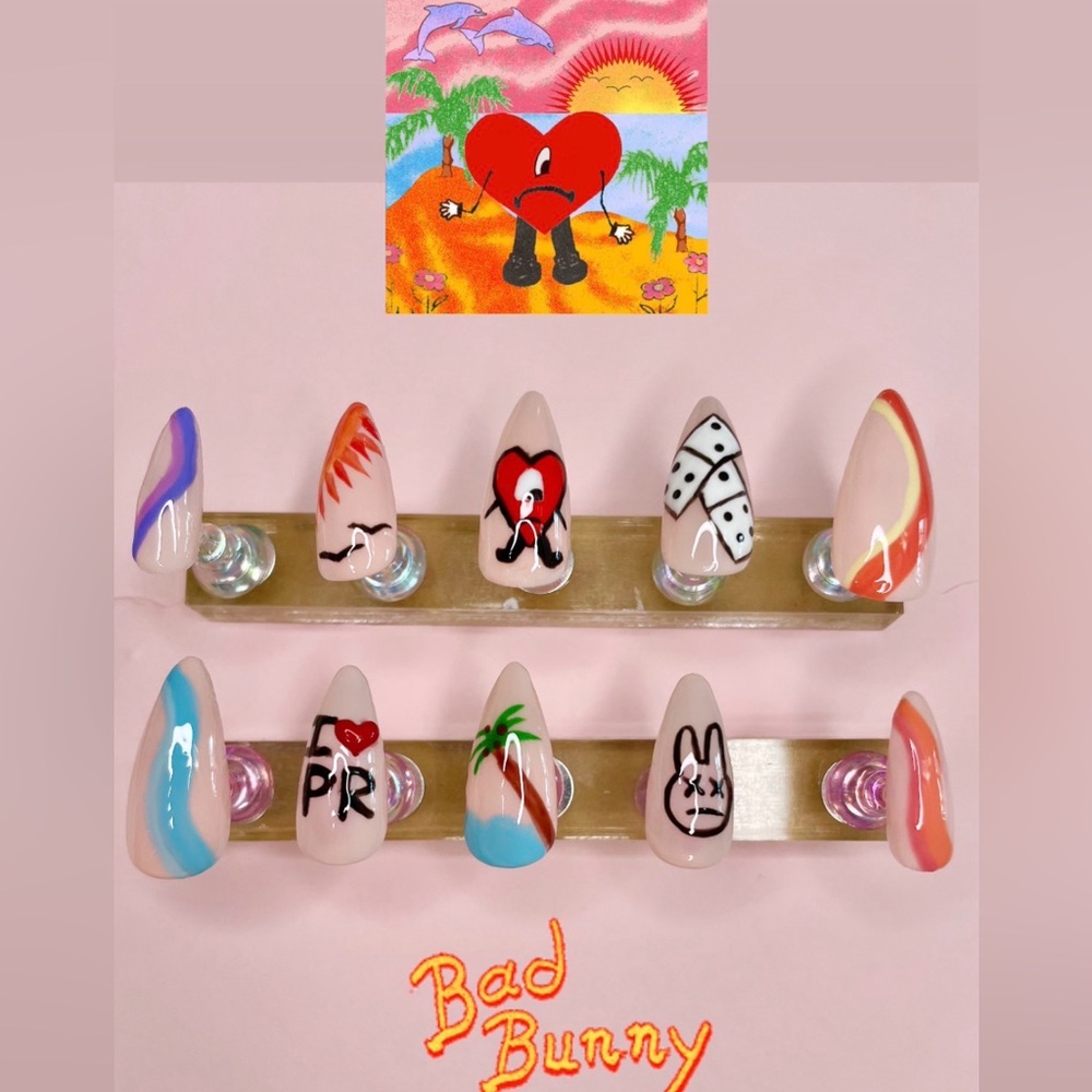 @glossy.lab.beauty Colorful Nail Art Set with Heart and Bad Bunny Designs